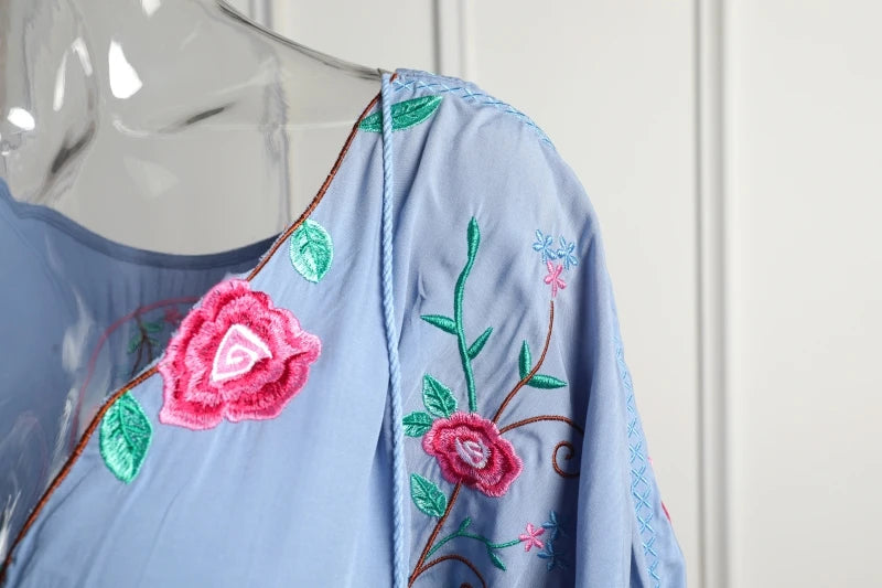 Kaftans - Jastie Embroidered Women Maxi Dress V-Neck Batwing Sleeve Loose Oversize Summer Dresses Drawstring Waist Boho Beach Vestidos