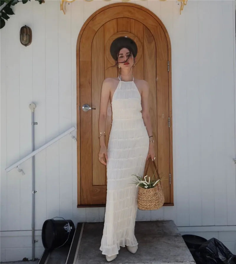 Party Dresses - Mozision Halter Backless Sexy Maxi Dress For Women Spring Summer New Lace-up Sleeveless Pleated Beach Holiday Long Dress Elegant