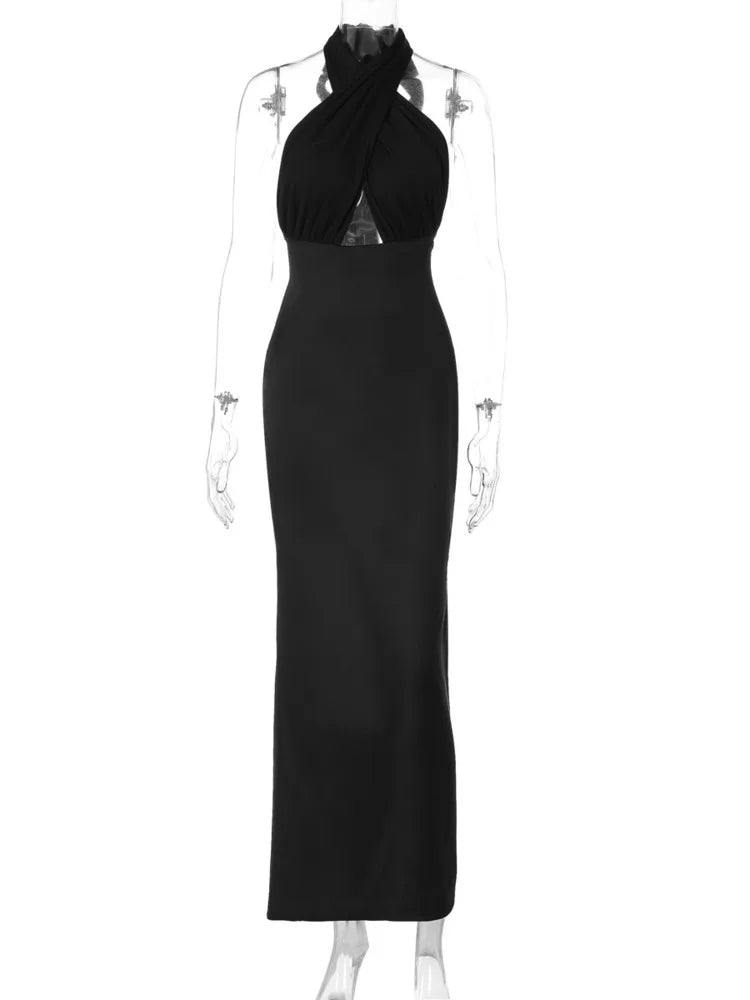 Elegant Dresses - Halter Backless Sexy Maxi Dress For Women Black Satin Hollow Out Sleeveless Strapless Bodycon Club Long Dress Elegant