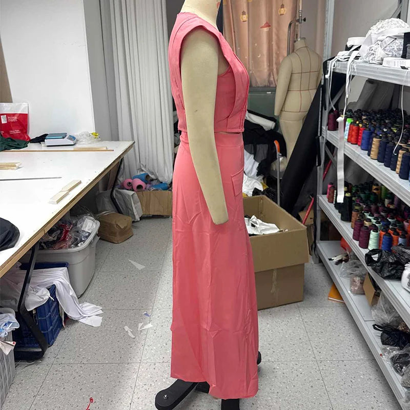 Skirts set - Two Piece Set Women Fashion Elegant Solid Round Neck Sleeveess Zipper Top A Line With Pocket Button Slit Long Skirt Sets