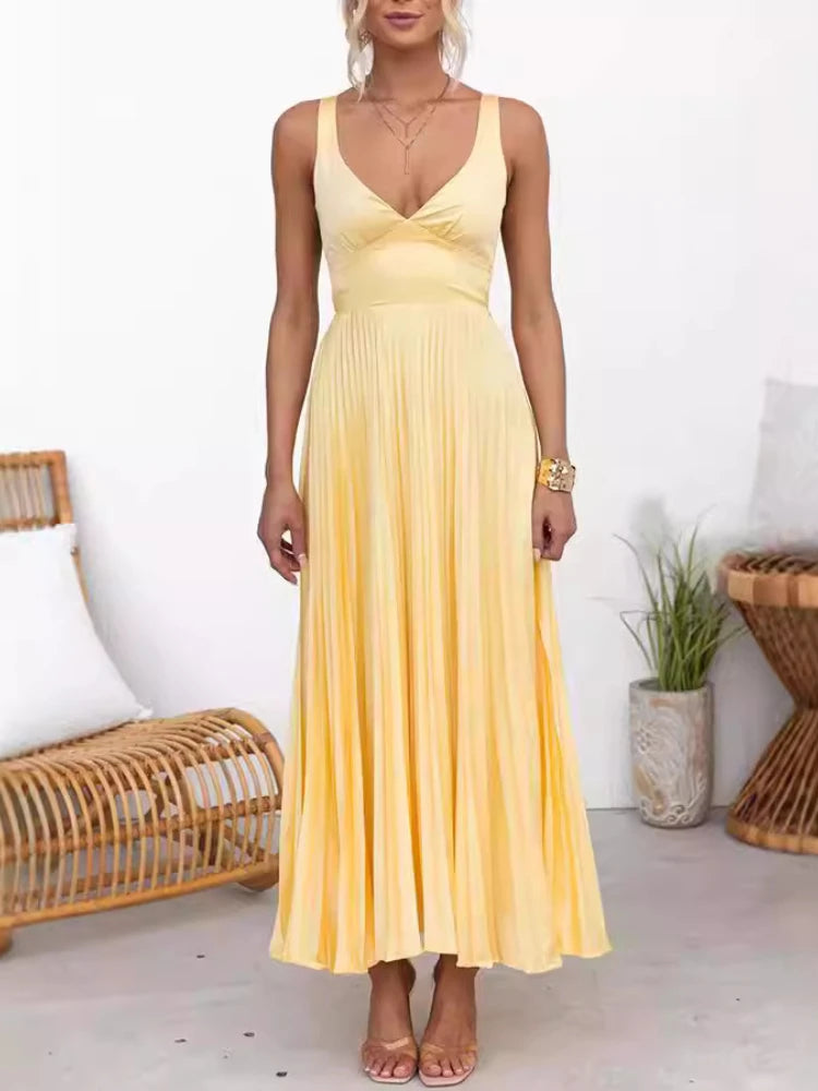 Elegant Dresses - Summer Fashion New Style Women's Elegant Strap Fold Style Loose Solid Color Vacation Style Banquet Style Women's Long Dress