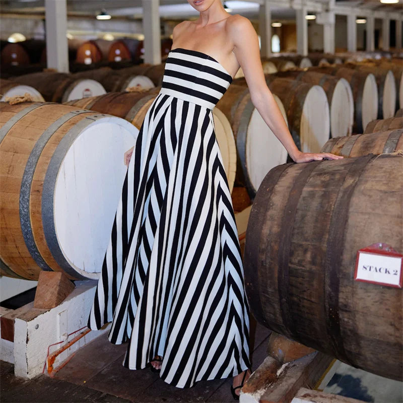 Strapless Dresses - Tube Dress for Women y2k Summer Striped Print Off Shoulder Strapless Sleeveless A Line Long Dress Beach Party Dresses