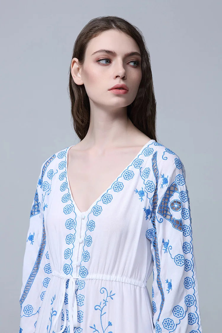 Kaftans - Jastie Embroidered Women Maxi Dress V-Neck Batwing Sleeve Loose Oversize Summer Dresses Drawstring Waist Boho Beach Vestidos