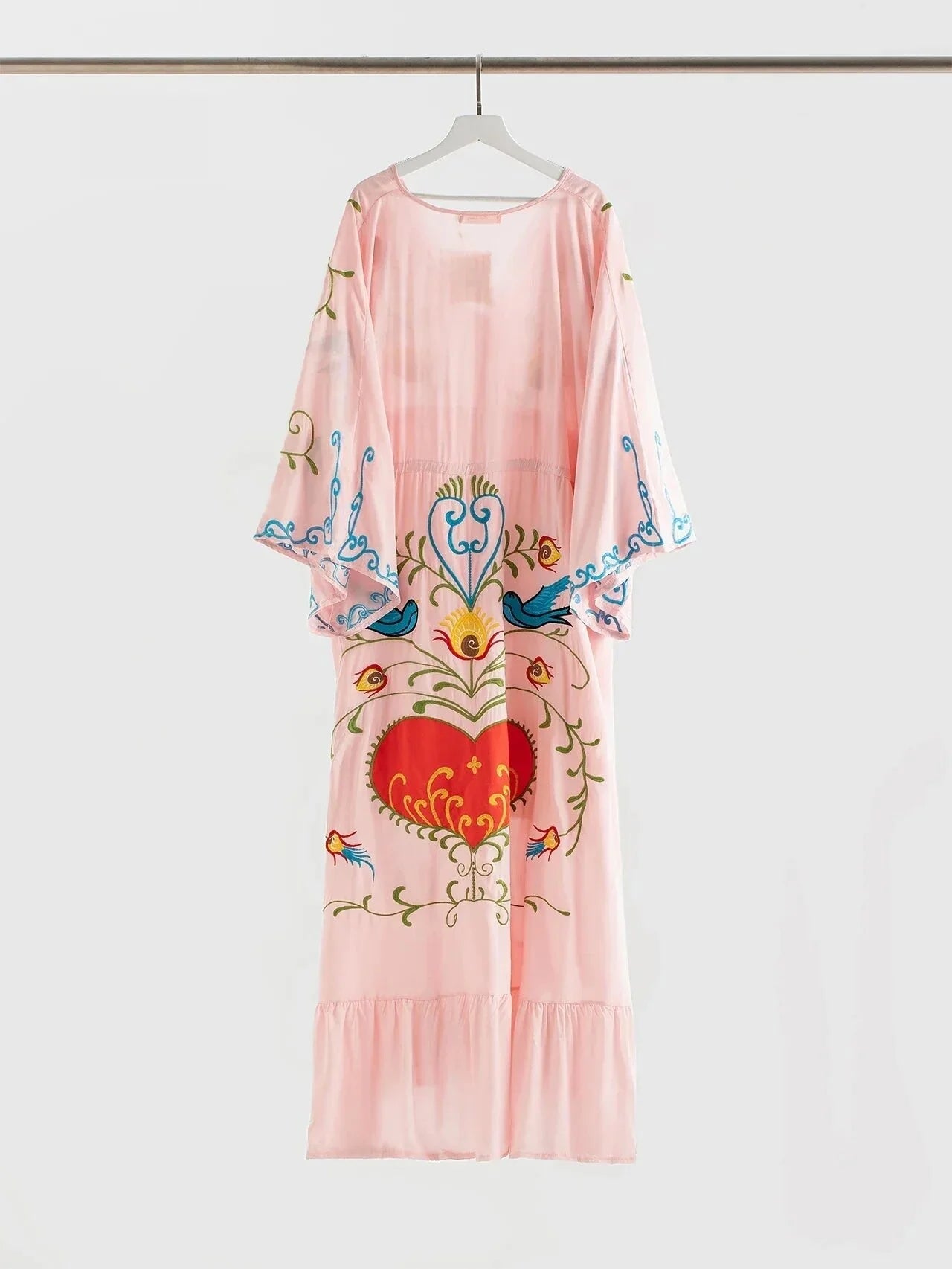 Kaftans - Jastie Embroidered Women Maxi Dress V-Neck Batwing Sleeve Loose Oversize Summer Dresses Drawstring Waist Boho Beach Vestidos