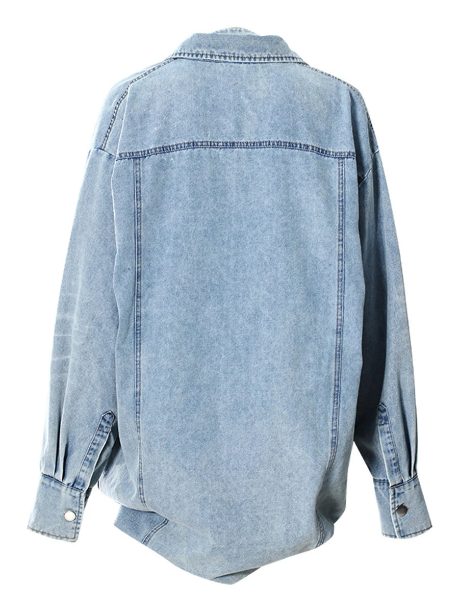 Denim Outfits - Loose Chic Jackets For Women Lapel Long Sleeve Streetwear Patchwork Pockets Coats Female Fashion Style New