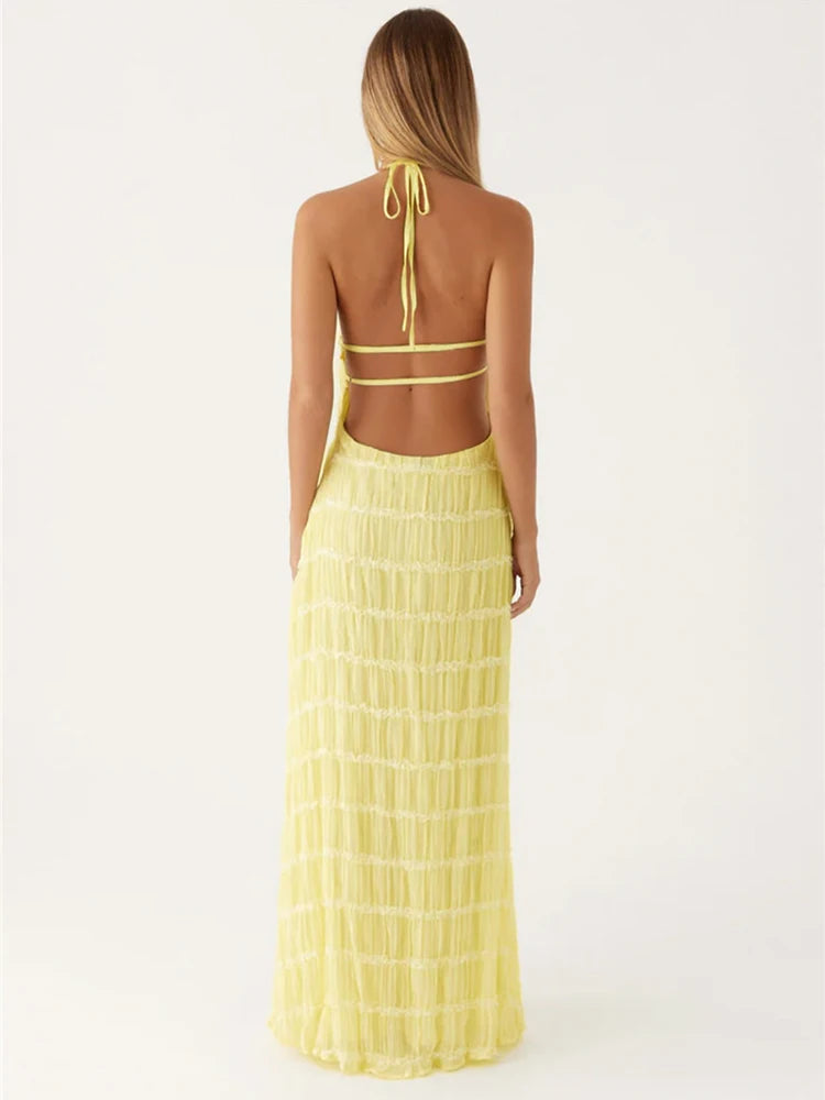 Party Dresses - Mozision Halter Backless Sexy Maxi Dress For Women Spring Summer New Lace-up Sleeveless Pleated Beach Holiday Long Dress Elegant