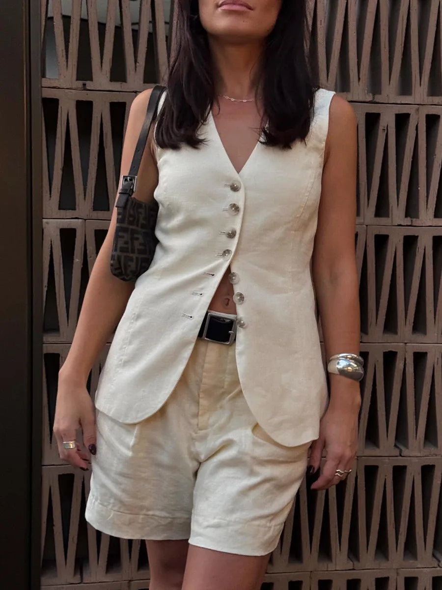 Shorts Sets - Cotton And linen Chic Casual Vest Shorts Set Women's Summer New Fashion Commuter Sleeveless Tank Top Shorts Suits
