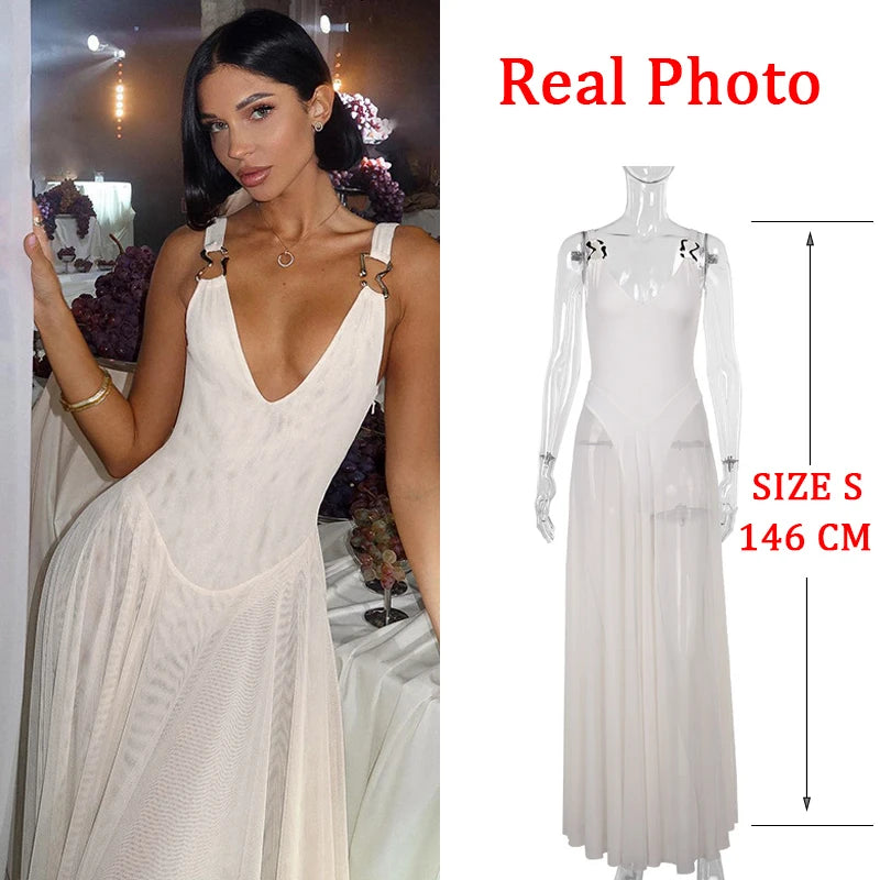 See-through Dresses - White Mesh Pleated Evening Club Party Dress Women Robes Backless Elegant Sexy Dress Bodycon Long Summer Dress Vestidos