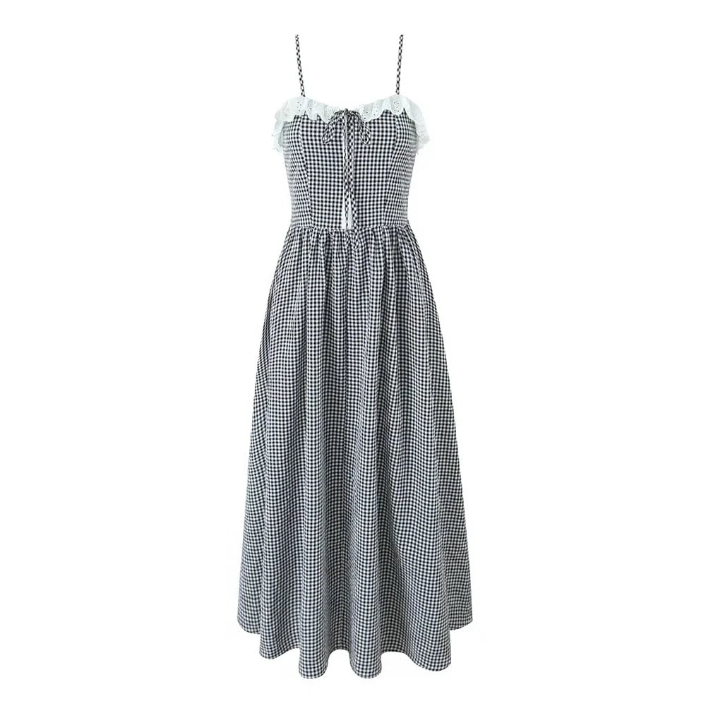 Plaid Dresses - Summer New Women's Dress Style French Lace Plaid Wrapped Chest Dress Shoulder Straps Detachable