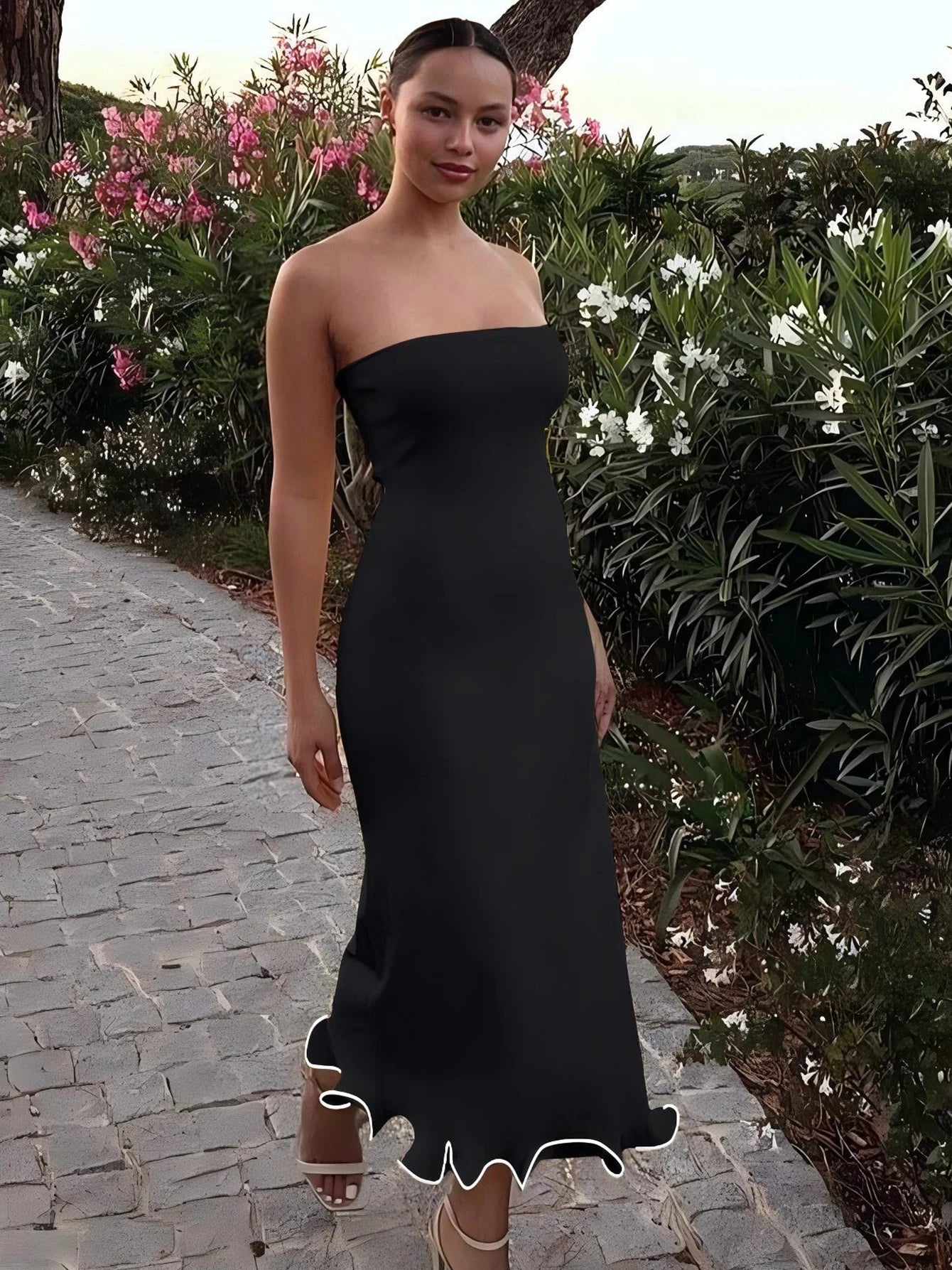 Tube Dresses - Sleeveless Ruffles Patchwork Strapless Bodycon Midi Dress Women'S Solid Sexy Outfit Party Clubwear For Autumn Winter