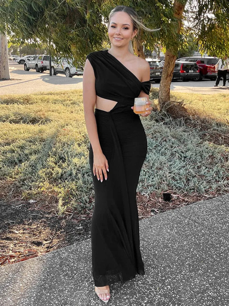 Elegant Dresses - Sexy Sleeveless Hollow Out Pleated Patchwork Maxi Dress For Women High Waist Off-shoulder Slim Club Party Long Dress