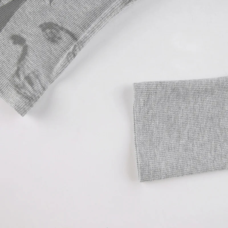 T-shirts - 2024 Autumn And Winter New Y2k Millennium Style Abstract Pattern Print Sexy Round Neck Slim Slim Long-Sleeved T-Shirt Top Women