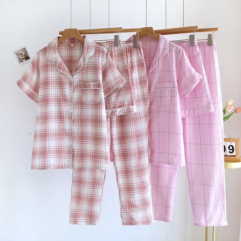 Pajamas - 100% Cotton Women's pajamas Summer Pajama Set Loose-fit Short Sleeve Shorts Trousers Three-piece Thin Homewear