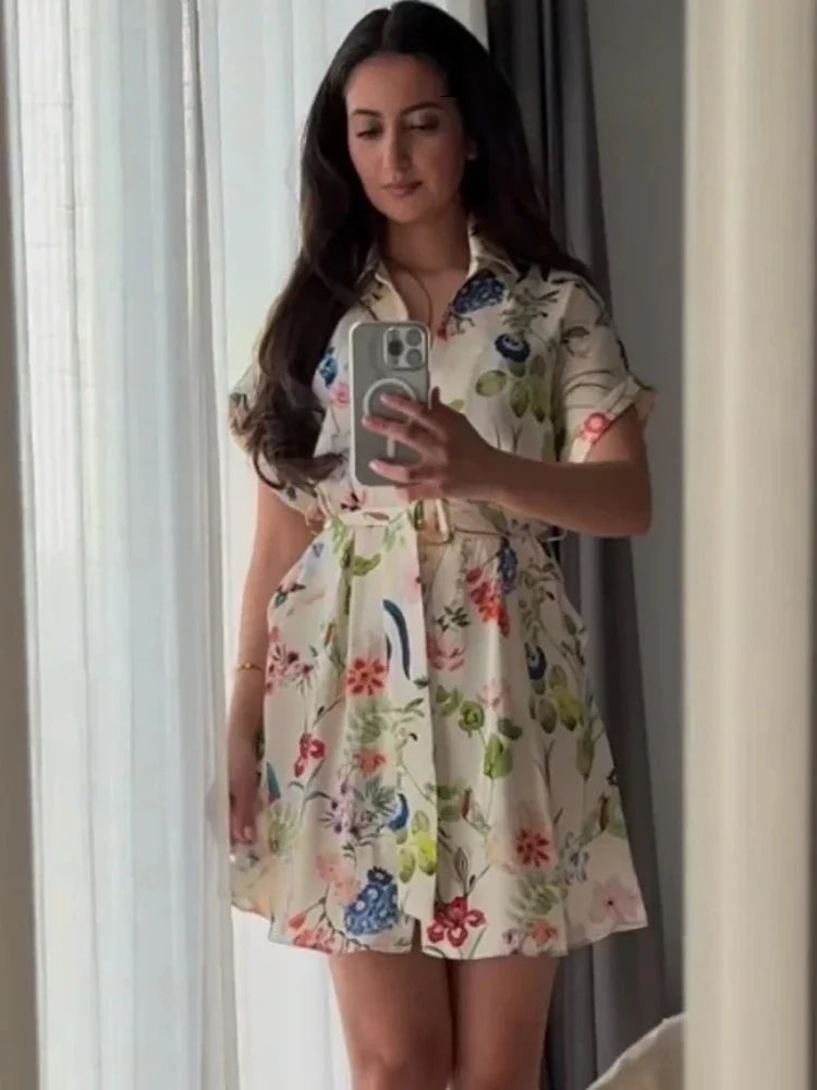 A-Line Dresses - ZBZA Women's Floral Print Satin Dress Short Turned-up Sleeves Self Belt Lapel Collar Pockets Button Mini Skirt Female Chic Dress