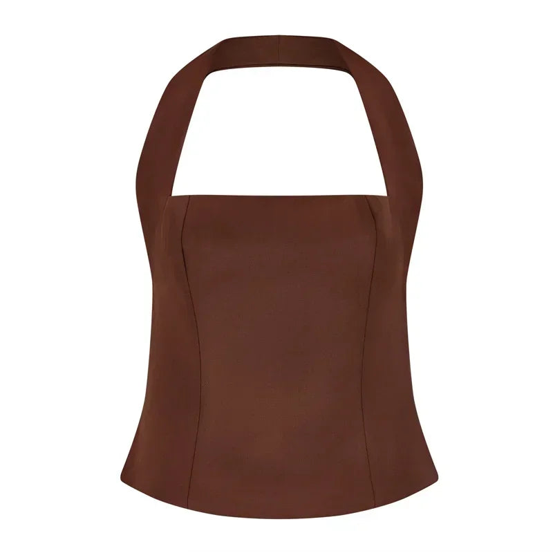 Pants Sets - Solid Square Collar Halter Vest Pants Sets Women Slim Backless Sleeveless Tops High Waist Wide Leg Pant 2025 Lady Office Outfit