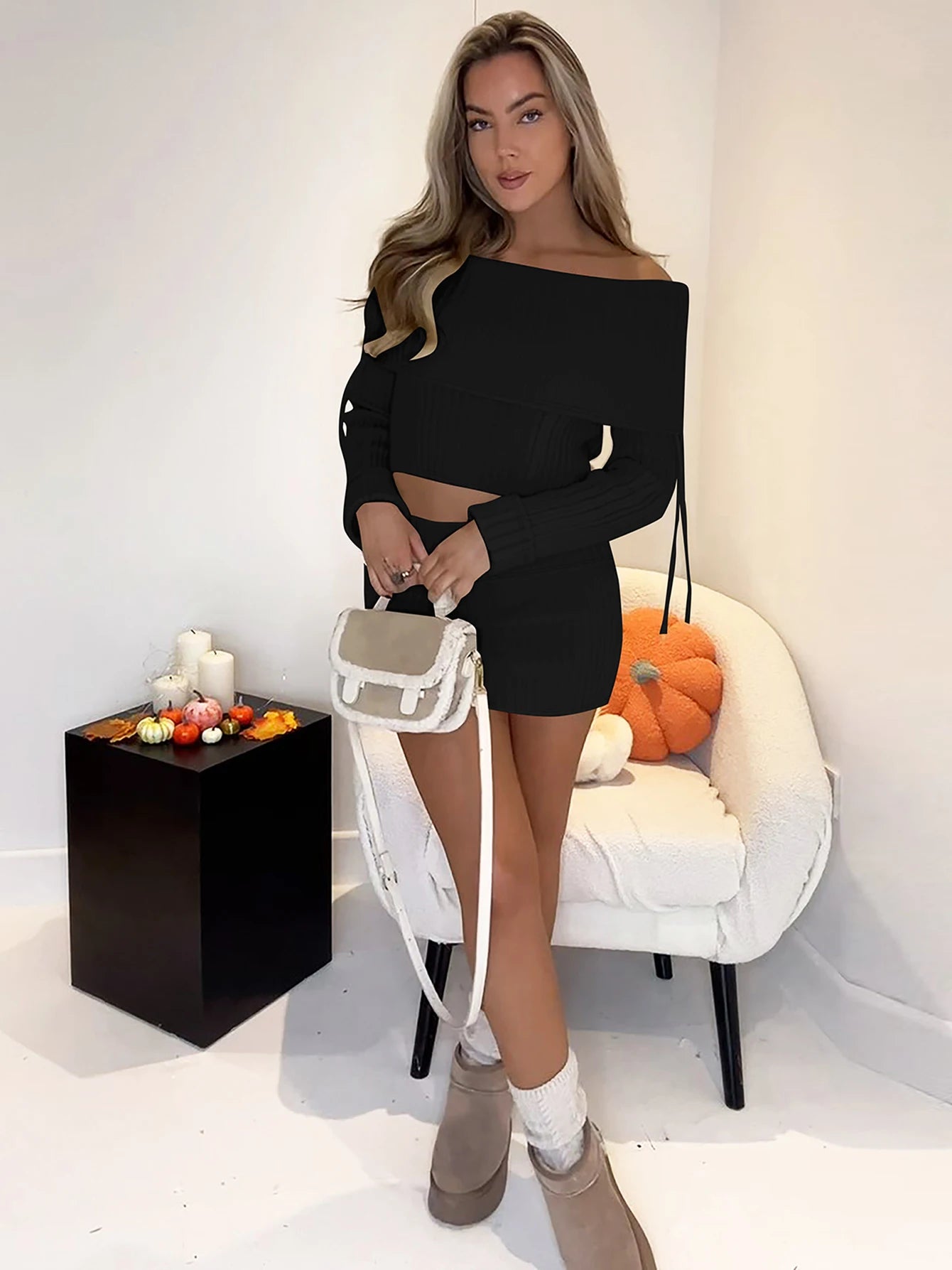 Matching Sets - Dulzura Ribbed Sexy Elegant 2 Piece Skirt Set Off Shoulder Long Sleeve Lace Up Top Mini Skirt Matching Set Party Club Streetwear