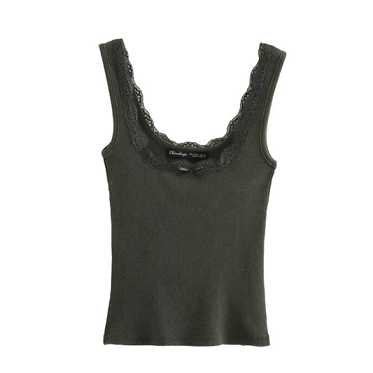 Knit Tops - Women Fashion Solid Lace Hem Knitted Vest Vintage Straps Square Collar Female Chic Lady Tank Tops