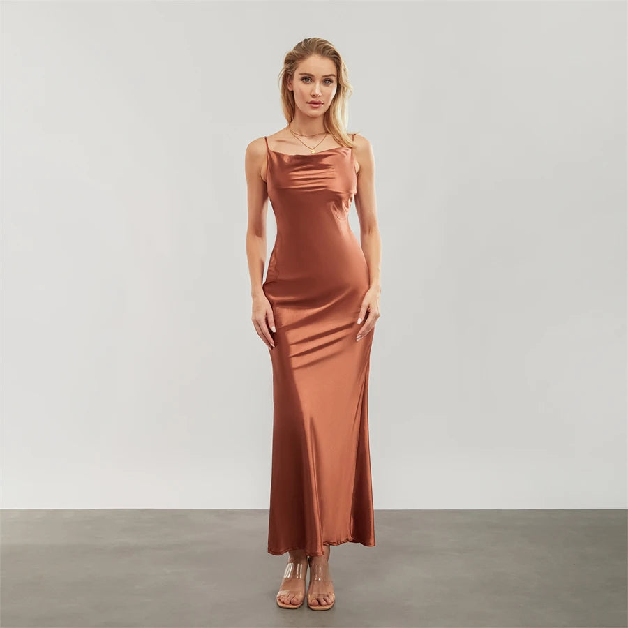 Satin Dresses - Backless Spaghetti Straps Party Long Dresses 2024 New Evening Gown Satin Vestidos Women's Cowl Neck Slip Wrap Dress