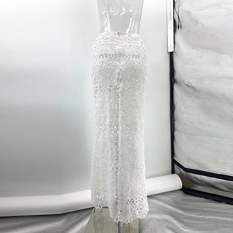 Matching Sets - Elegant See Through Crochet Top Women Set Hallow Out Flare Long Sleeve Top Slim Empire Hip Package Skirts 2025 Summer Lady Set