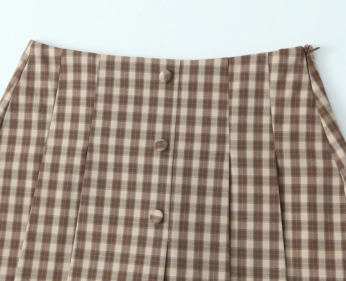 Skirts set - TRAFZA Women 2 Piece Set Elegant Plaid O-Neck Single Breasted Pocket Decorate Vest Top+Chic Zipper Pleated Slim Mini Culottes