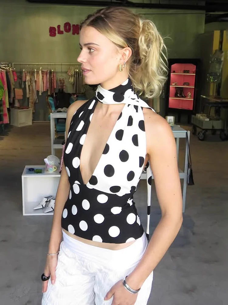 Sleeveless Blouses - Contrast Polka Dot Cross Scarf Vest Sexy Hot Girl Two Wears Short Top V Neck Slim Fashion Club Party Tank 2025 New Summer