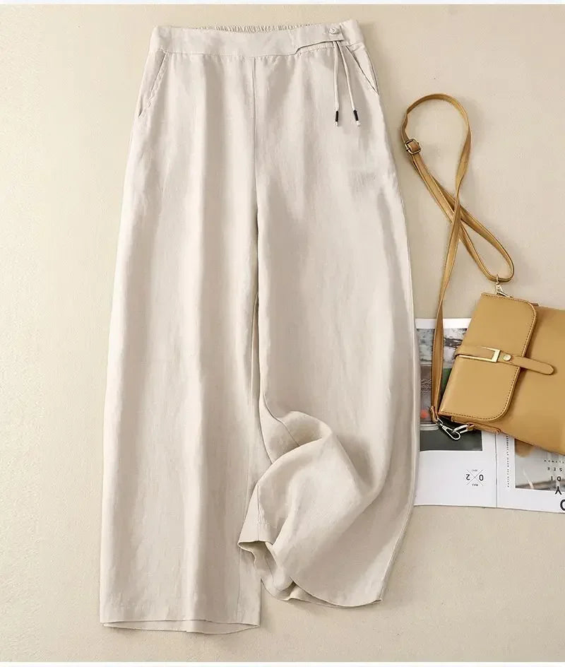 Pants - Summer Wide Leg Pants Women Elastic High Waist Cotton and Linen Casual Pants Loose Straight Yellow Women's Pants