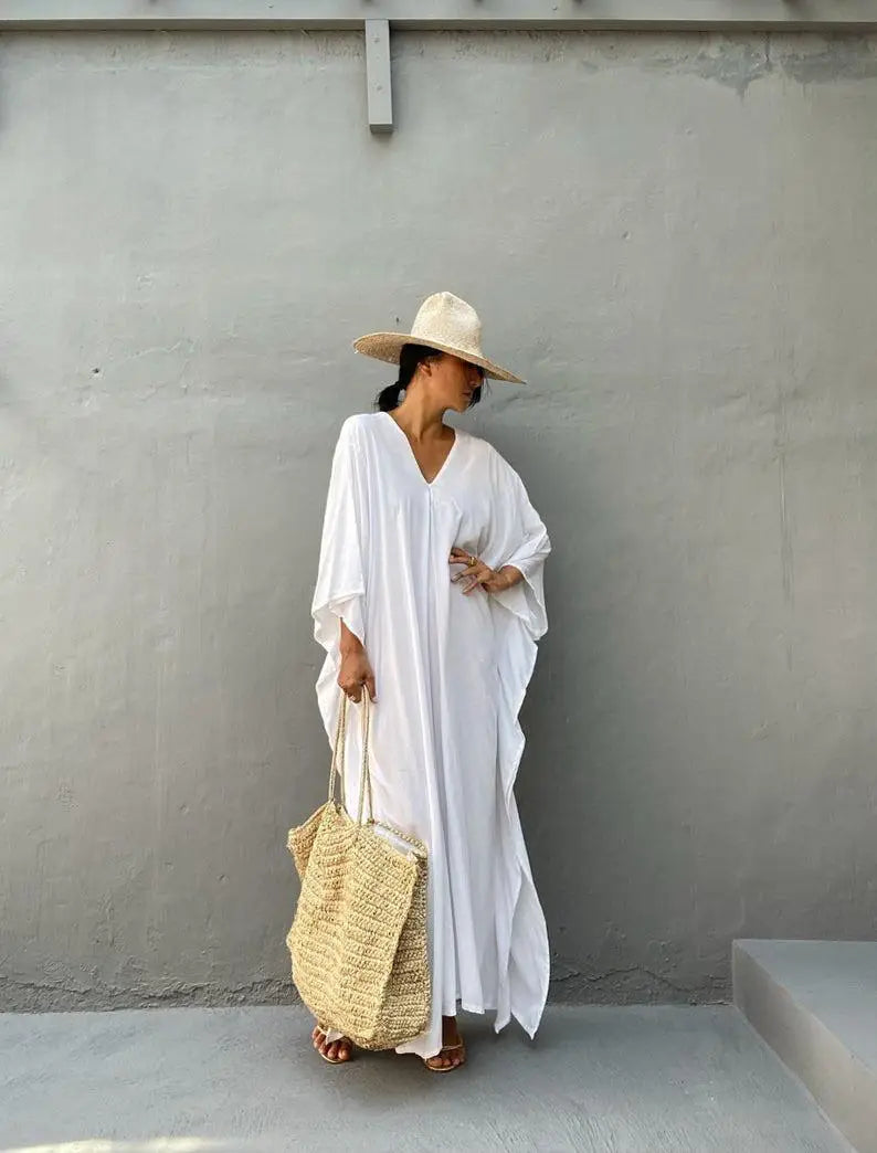 Kaftans - Women's Clothing Swimwears Solid Color Cover Up V Neck Batwing Sleeve Plus Size Beach Kaftan Dresses