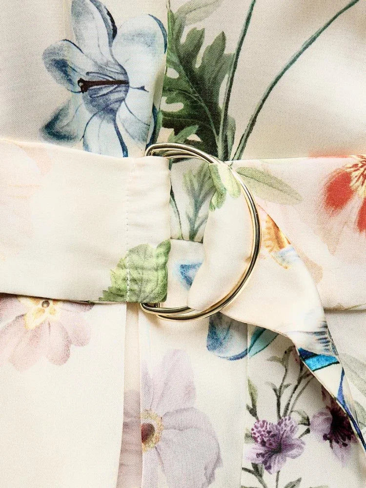 A-Line Dresses - ZBZA Women's Floral Print Satin Dress Short Turned-up Sleeves Self Belt Lapel Collar Pockets Button Mini Skirt Female Chic Dress