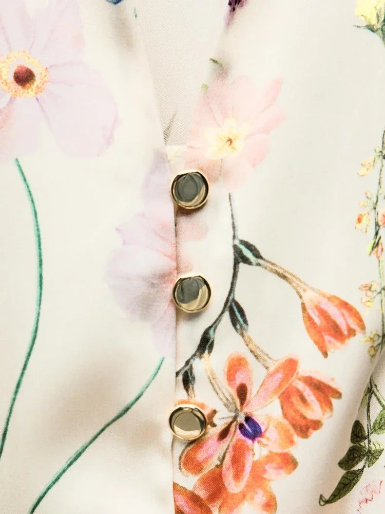 A-Line Dresses - ZBZA Women's Floral Print Satin Dress Short Turned-up Sleeves Self Belt Lapel Collar Pockets Button Mini Skirt Female Chic Dress