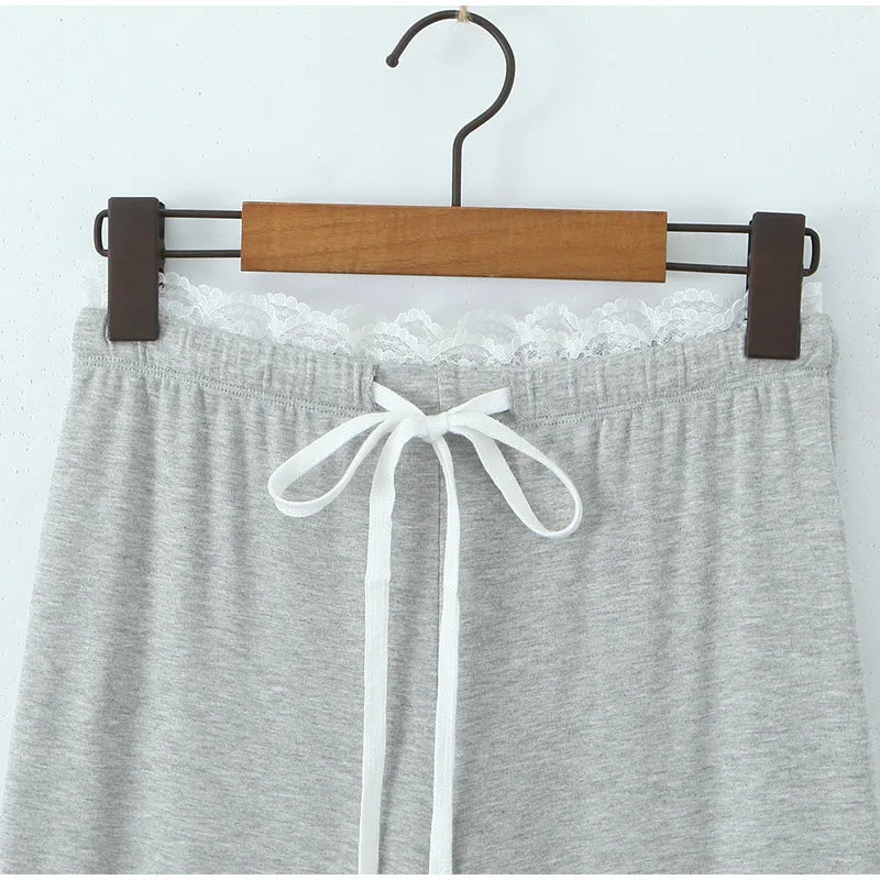 Loungewear - Women Lace Top Pant Suit Casual Bow Lace Up Patchwork Blouse Loose Elastic Waist Trouser Female Sets 2025 Spring Lady Streetwear