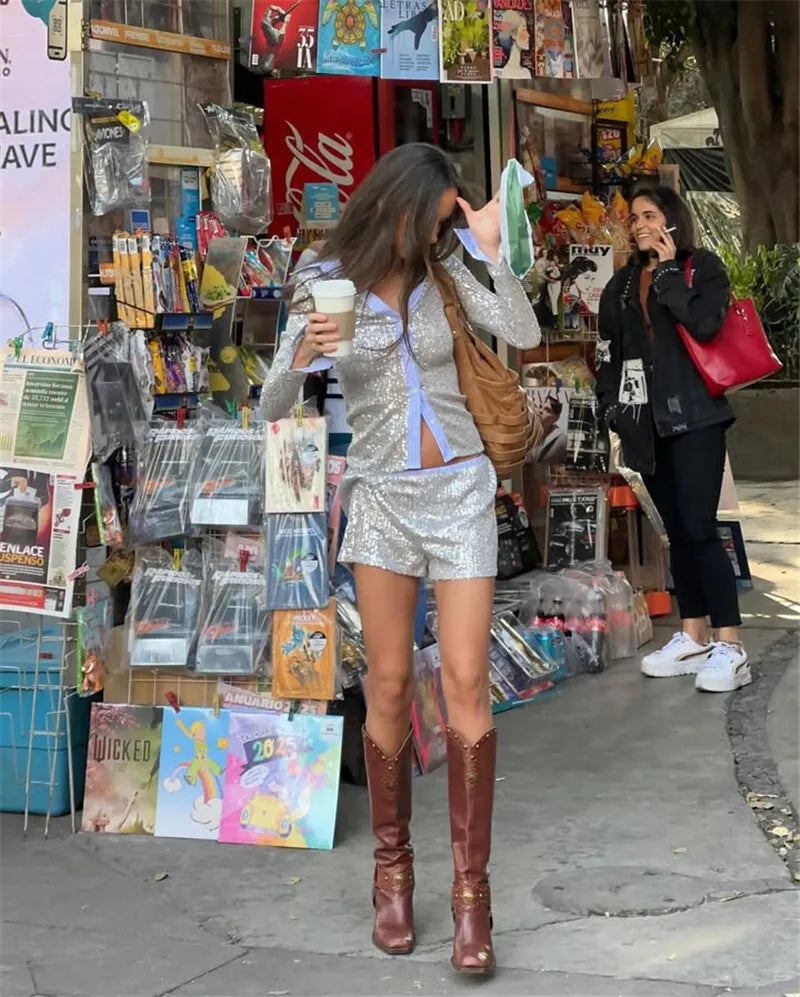 Shorts Sets - Silver Glitter Shorts Sets Women Contrast Color Single-breasted Shirt And Shorts Sparkle Two Piece Set Shorts Sets