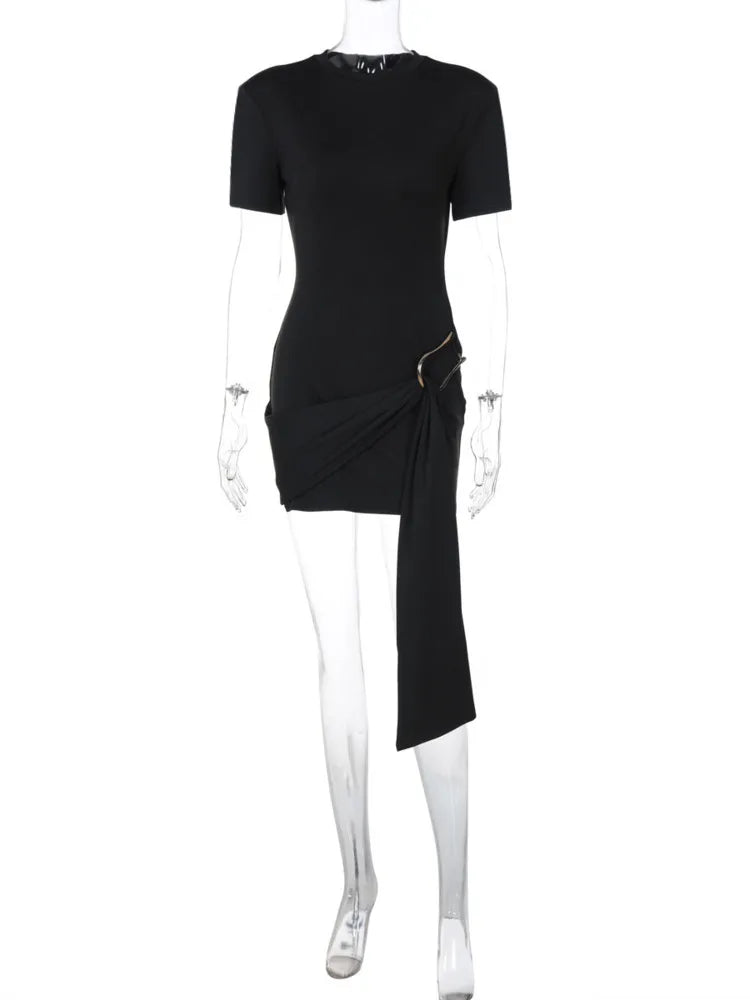 Mini Dresses - Short Sleeve Draped Sexy Mini Dress For Women Black Metal Buckle O Neck High Waist Bodycon Club Dress Vestido Clothes