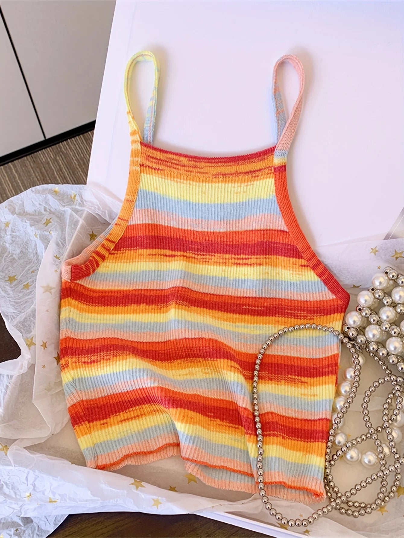 Knit Camis - 2024 Comfortable and Stylish Striped Ribbed Knit Cami Top for Women Sleeveless Square Neck Casual Top Rainbow Crop Top