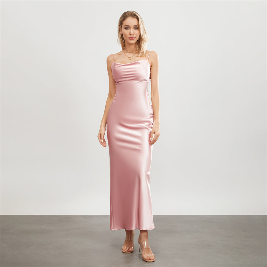 Satin Dresses - Backless Spaghetti Straps Party Long Dresses 2024 New Evening Gown Satin Vestidos Women's Cowl Neck Slip Wrap Dress