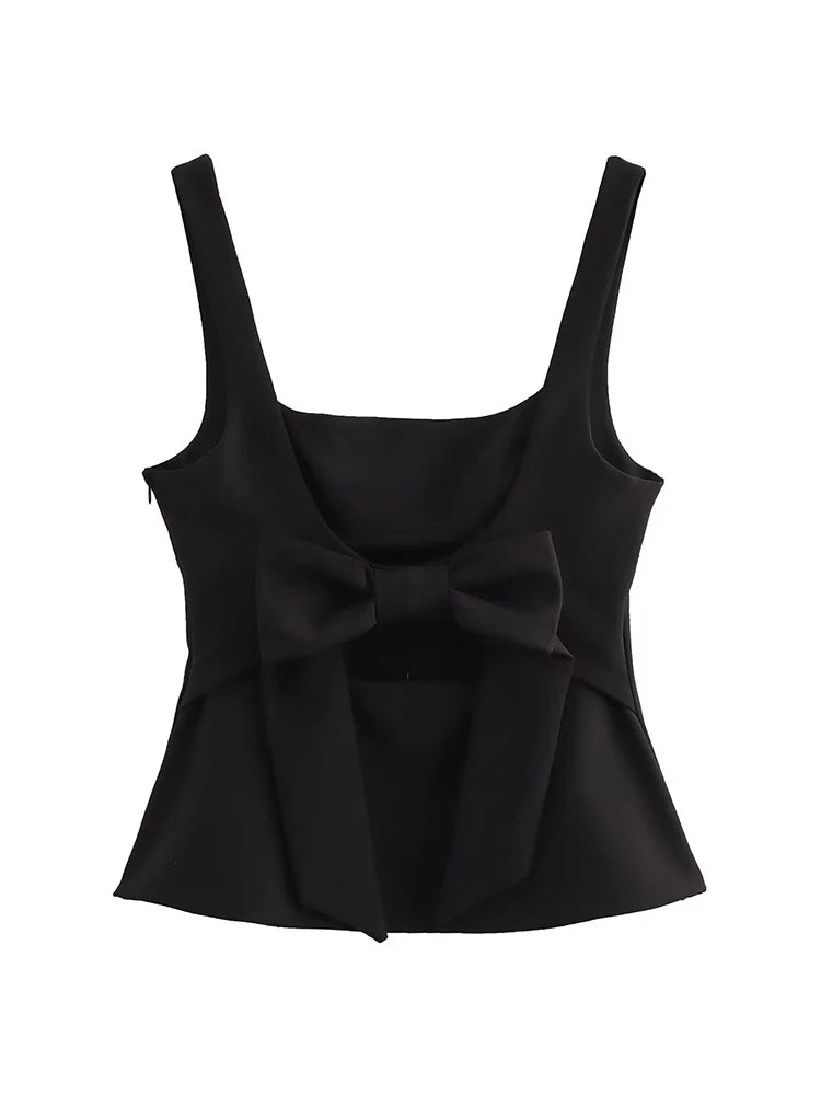 Blouses - Summer Women's Backless Bow Tops Sweet Square Neck Slim Tank Tops Solid Camisole Y2k Vests Short Top Woman Clothing