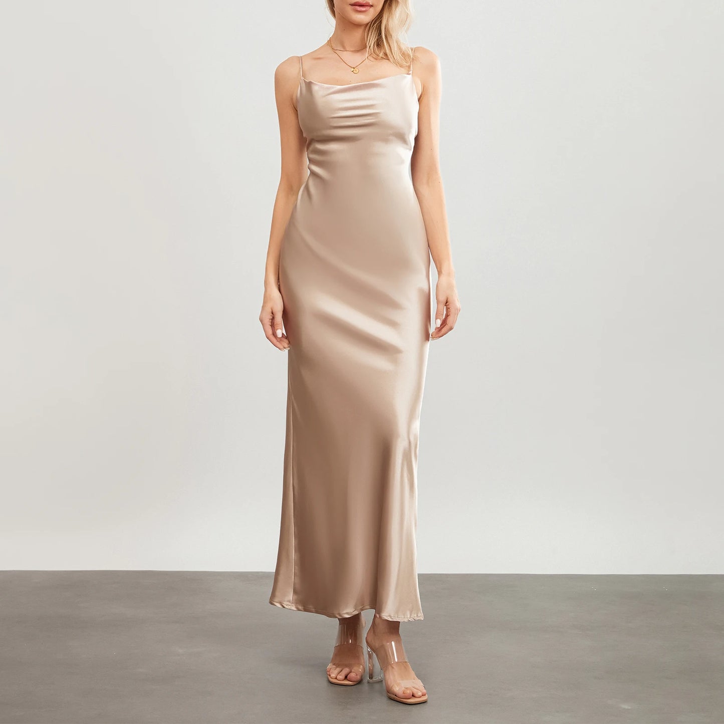 Satin Dresses - Backless Spaghetti Straps Party Long Dresses 2024 New Evening Gown Satin Vestidos Women's Cowl Neck Slip Wrap Dress