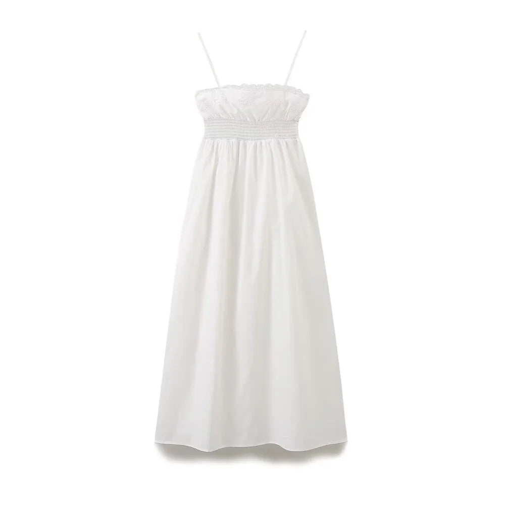 Vacation Dresses - Summer New Women's Fashion Style Slimming Sweet Solid Color Versatile Embroidered Lace Splicing Dress