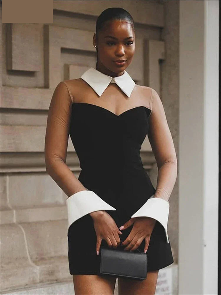 Shirt Dresses - Pullover Women Sexy Mesh See Through Turn Down Collar Night Club Dress Evening Party Summer Short Elegant Fashion Dress