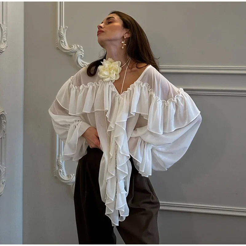 Blouses - Women's Chiffon Ruffle Shirts White Loose V-neck Lantern Sleeve See Through Blouses 2025 Spring Summer Lady Commute Outwears
