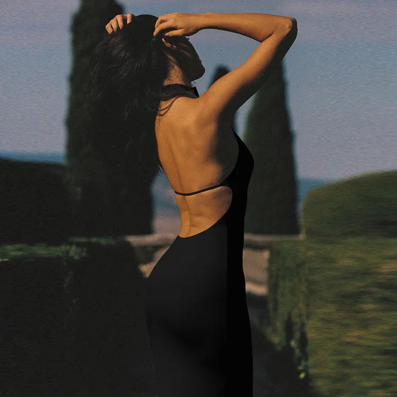 Elegant Dresses - Flower Sleeveless Sexy Maxi Dress For Women Gown Fashion Halter Backless Bodycon Evening Club Long Dress Vestido