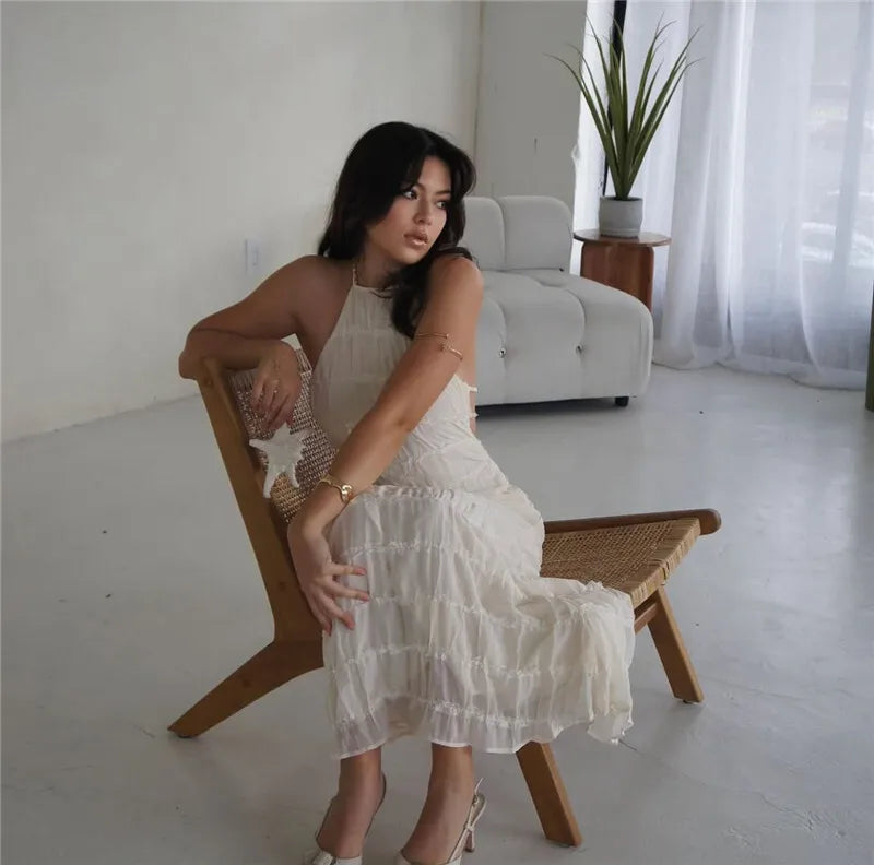 Party Dresses - Mozision Halter Backless Sexy Maxi Dress For Women Spring Summer New Lace-up Sleeveless Pleated Beach Holiday Long Dress Elegant