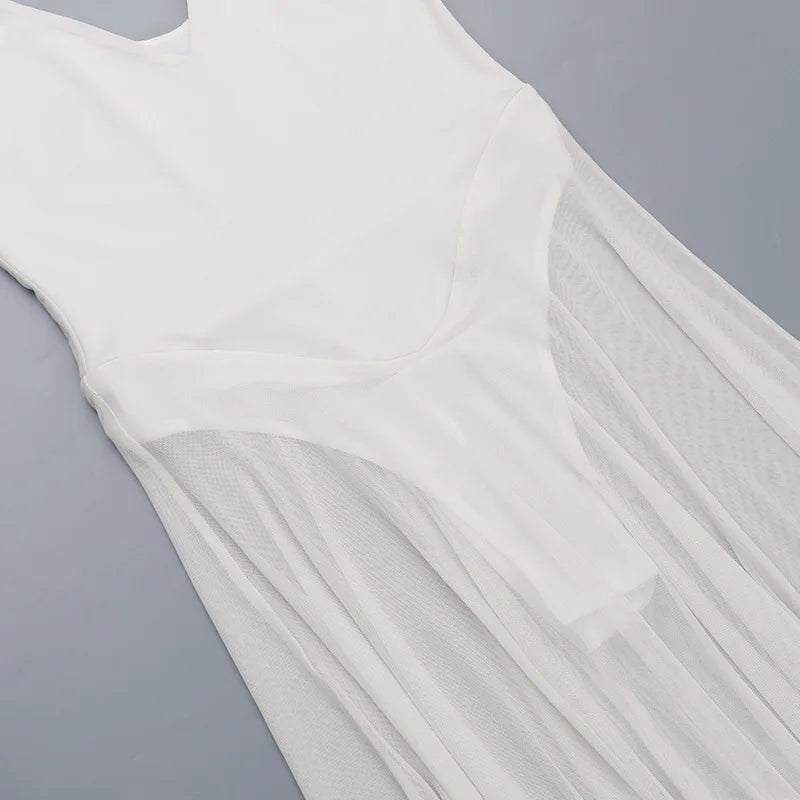 See-through Dresses - White Mesh Pleated Evening Club Party Dress Women Robes Backless Elegant Sexy Dress Bodycon Long Summer Dress Vestidos