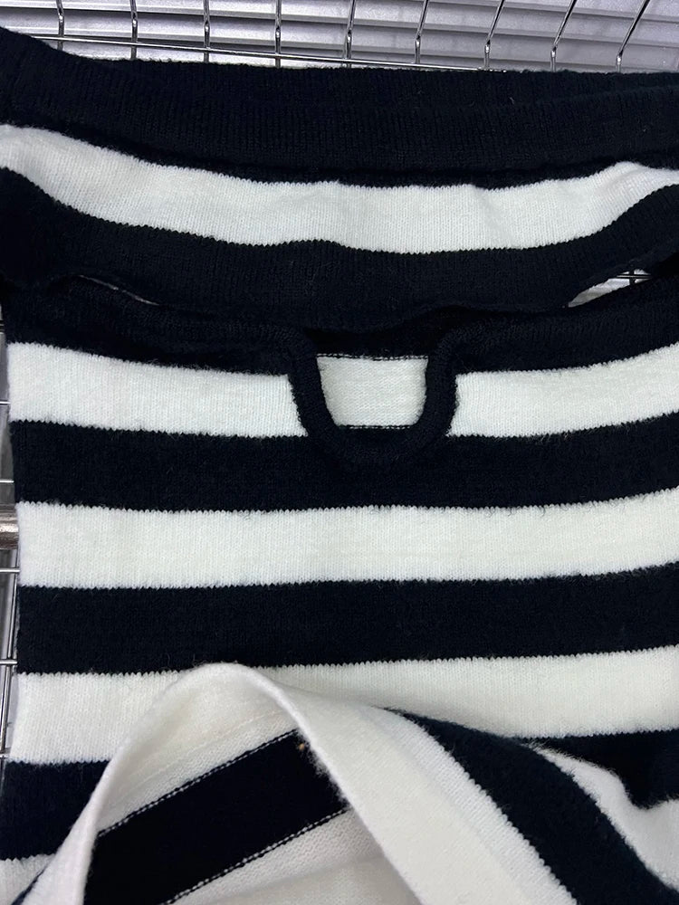 Off Shoulder Tops - Women's Fashion Striped Contrast Color Two-pieces Set Stretch Strapless Long Sleeve Knit Tops 2025 Spring New 33A2346