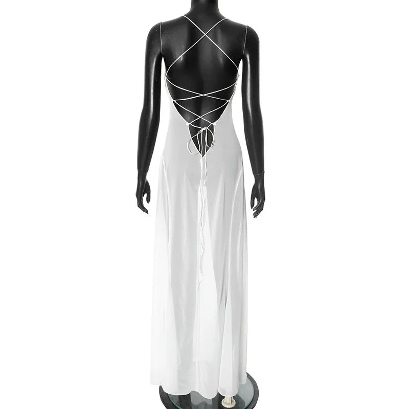 See-through Dresses - Transparent Mesh Summer Beach Dress White Black Sexy Vacation Outfits Backless Maxi Long Dresses Woman 2025 C85-DD19