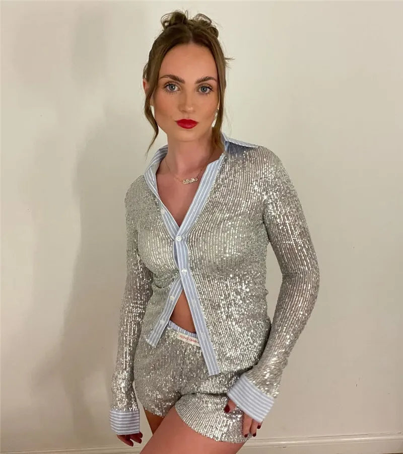 Shorts Sets - Silver Glitter Shorts Sets Women Contrast Color Single-breasted Shirt And Shorts Sparkle Two Piece Set Shorts Sets