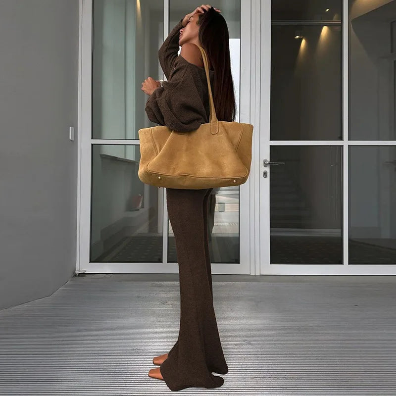 Elegant Fashion Outfits Two Piece Sets Asymmetrical Top and Flare Pant Casual Women Matching Sets Loungewear