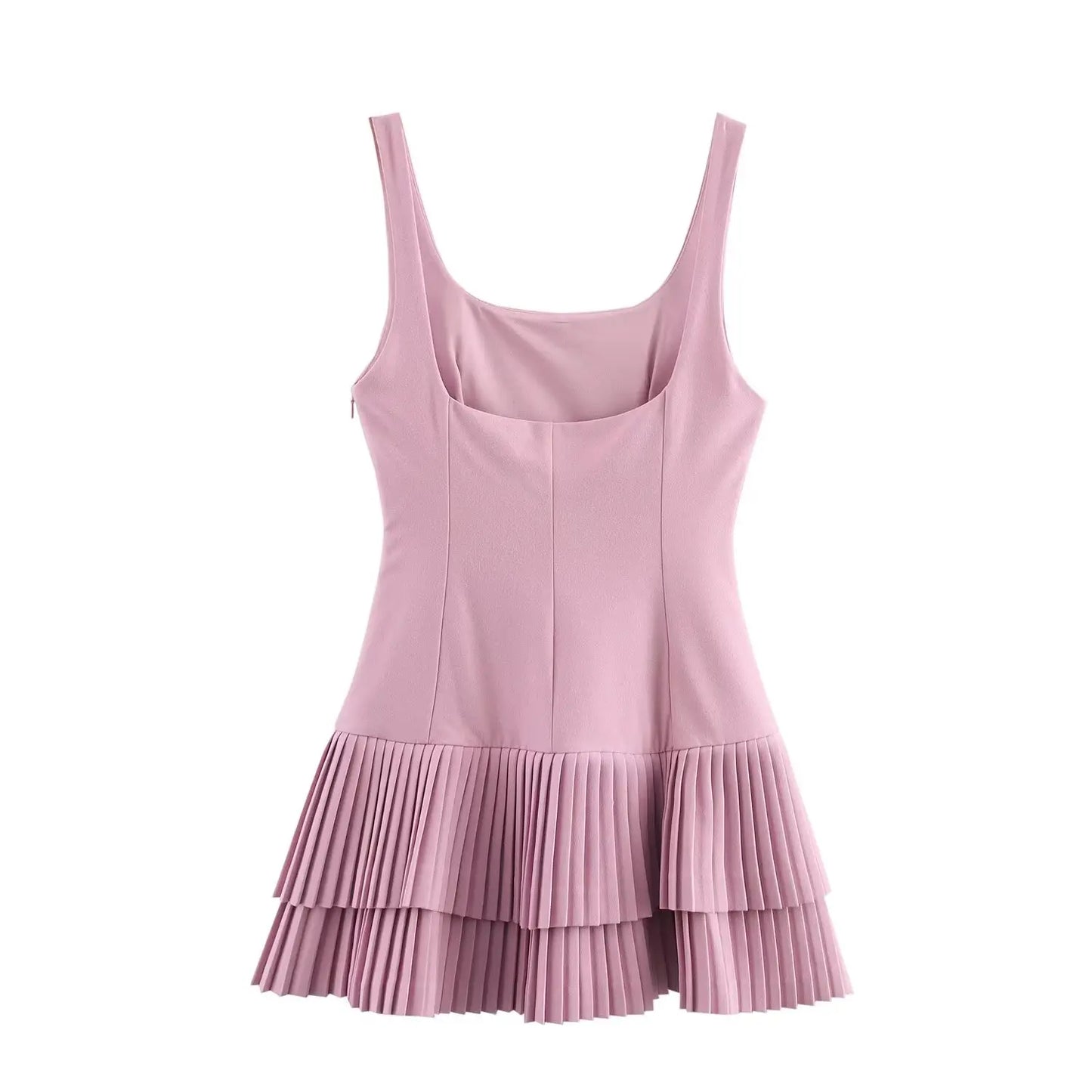 Mini Dresses - Women Fashion Square Collar Sleeveless Solid Mini Dress Female Summer Pleated Dress Chic High Street Slim Short Dress