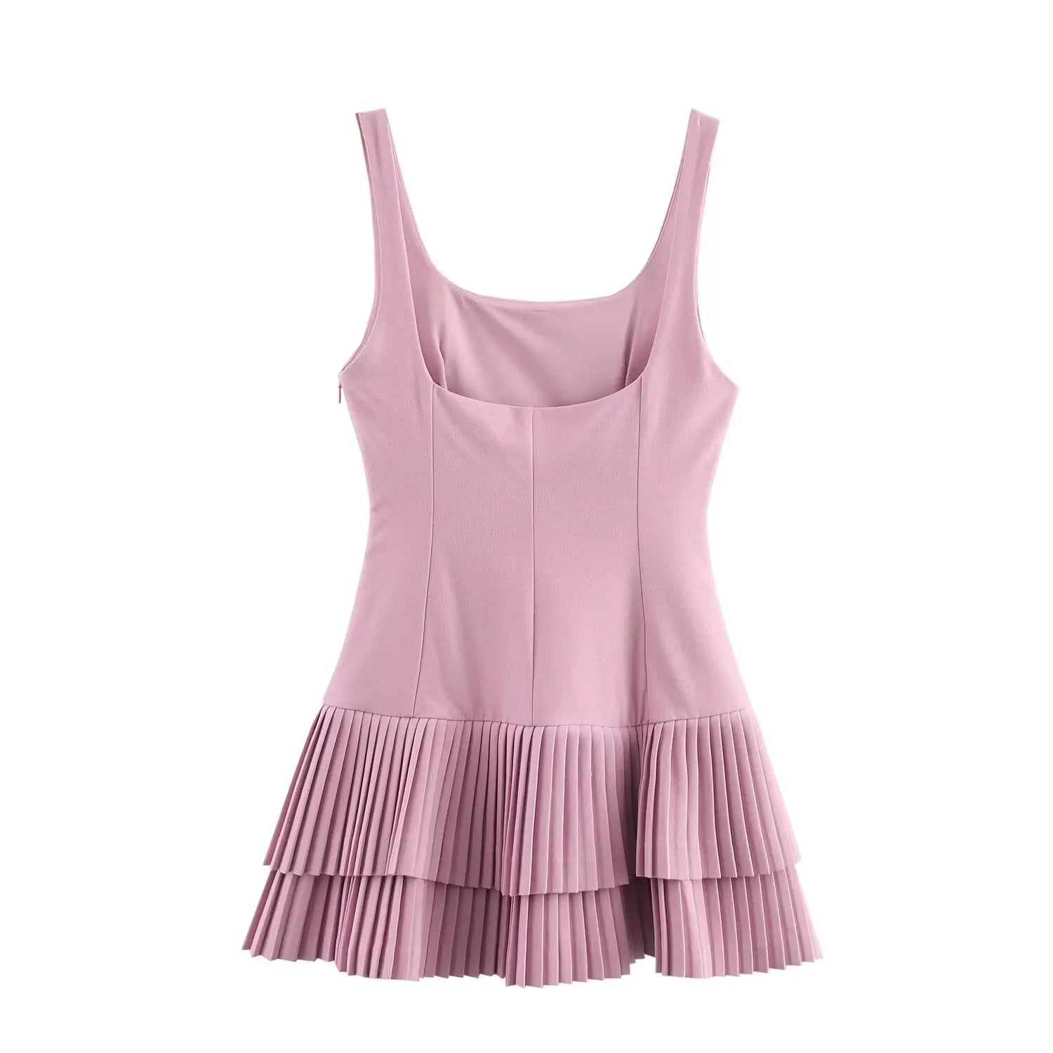 Mini Dresses - Women Fashion Square Collar Sleeveless Solid Mini Dress Female Summer Pleated Dress Chic High Street Slim Short Dress