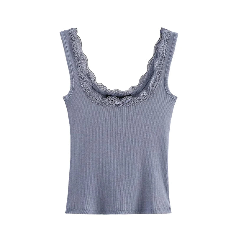 Knit Tops - Women Fashion Solid Lace Hem Knitted Vest Vintage Straps Square Collar Female Chic Lady Tank Tops