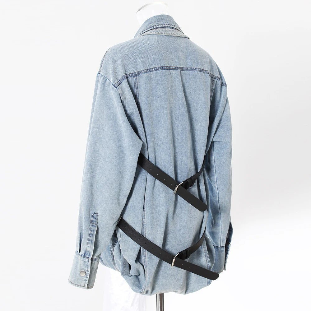 Denim Outfits - Loose Chic Jackets For Women Lapel Long Sleeve Streetwear Patchwork Pockets Coats Female Fashion Style New